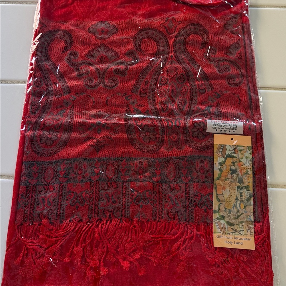 100% Cashmere Scarf from Jerusalem. Red & silver color NEW WITH TAGS sealed 🐈⬛